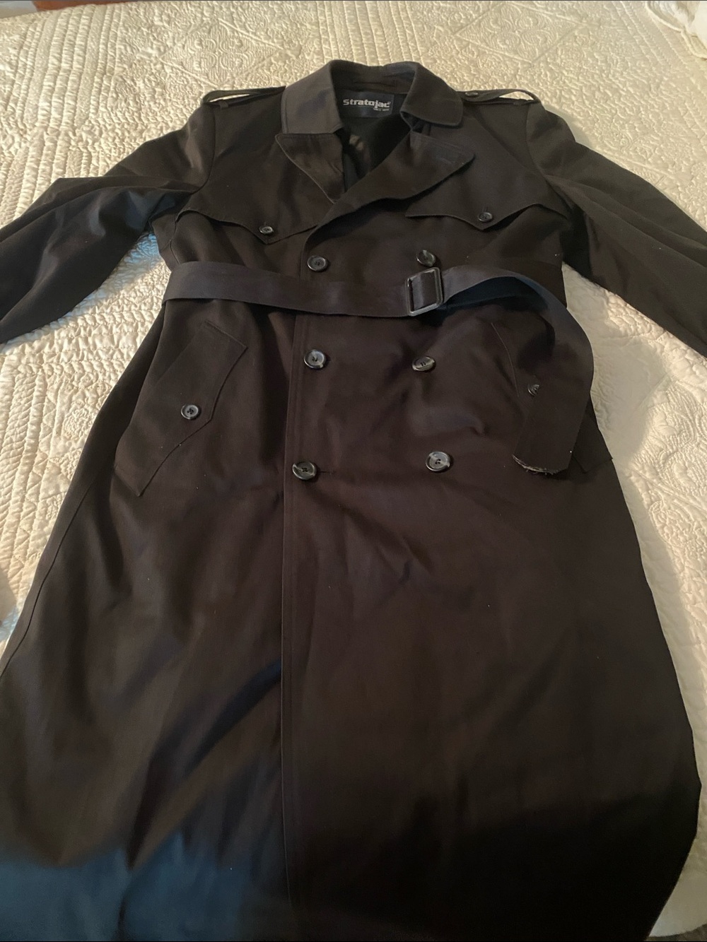 Stratojac Apparel Men's Black Double-Breasted Trench Coat with Belted Waist